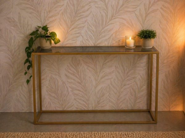 CUBO CONSOLA 138x30x80h PINTURA ORO CON CRISTAL AHUMADO GRIS